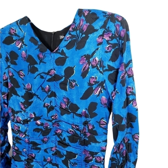 ZARA ruched long sleeve mini dress floral NWT - Picture 3 of 7